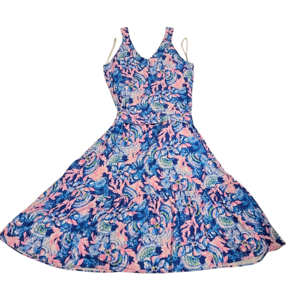 Lilly Pulitzer NWOT Madsen V-Neck Blue Tang Sitting Seaside Midi Dress - Picture 4 of 6